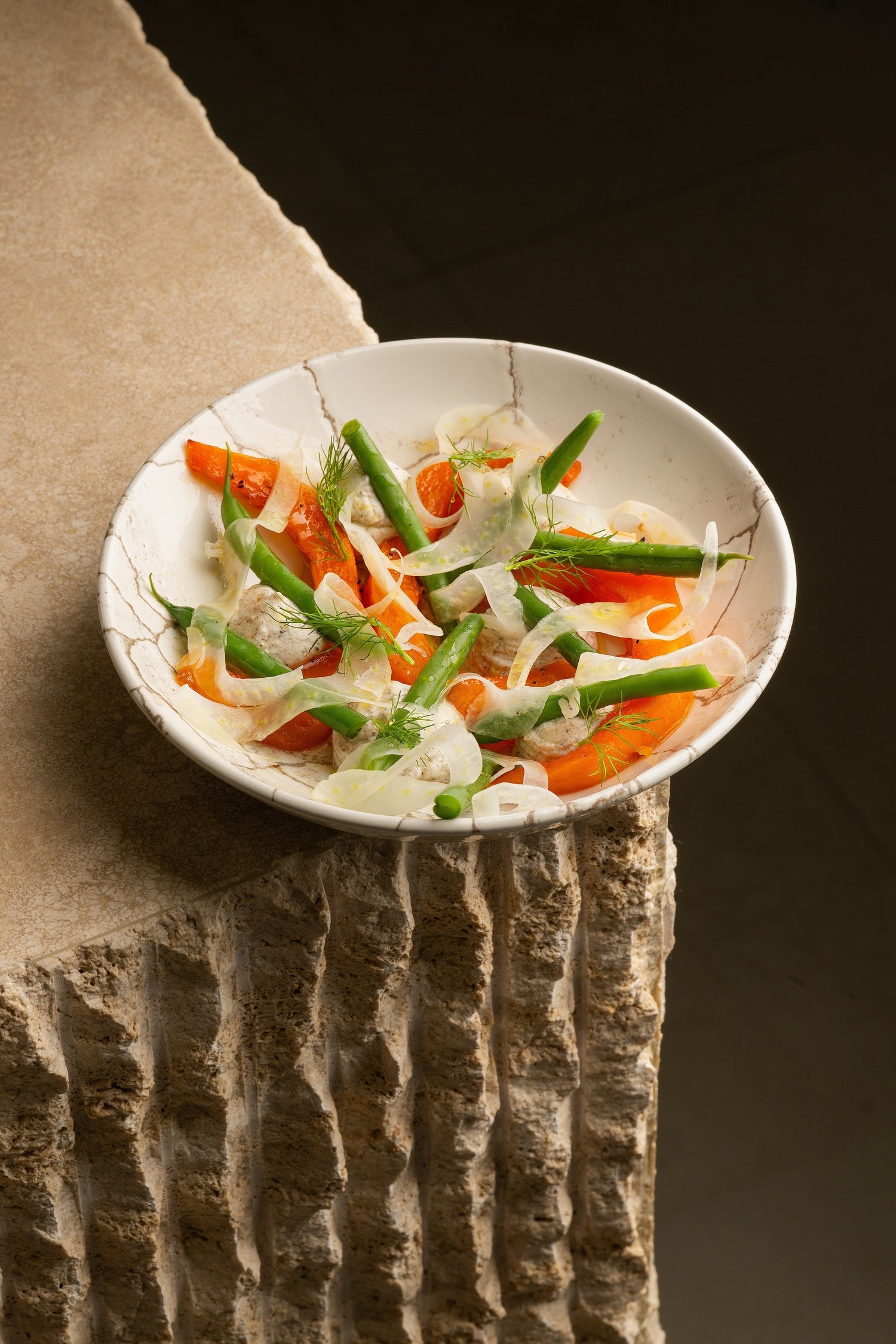 Calabaza Asada al Horno con Miel Trufada Laumont, Cremoso de Ricotta y Tartufata, Judía Verde y Láminas de Hinojo