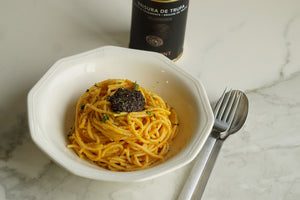 Spaguetti con crema de calabaza y brisura